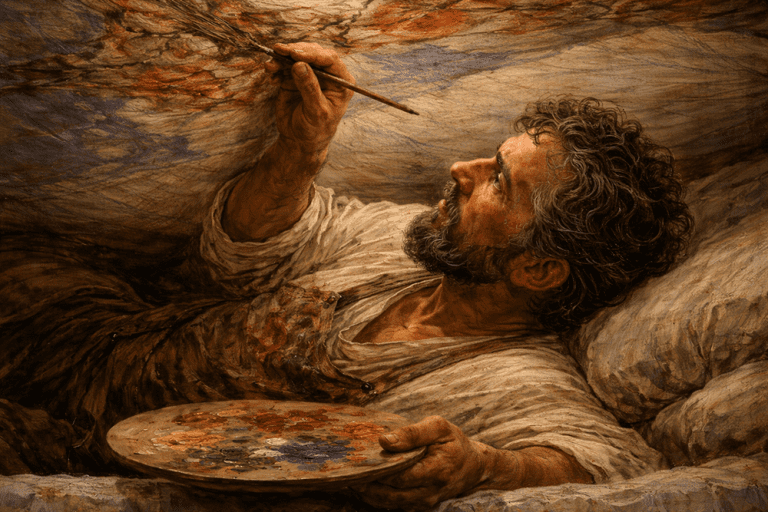 Michelangelo painting the Sistine Chapel ceiling illustrating the sacrifice and price behind masterpieces like The Creation of Adam and the article’s reflection on the Atonement of Jesus Christ.