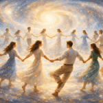 People dancing in a circle in a glowing cosmos symbolizing Eternity, restored gospel, Godhead unity, and the Plan of Salvation