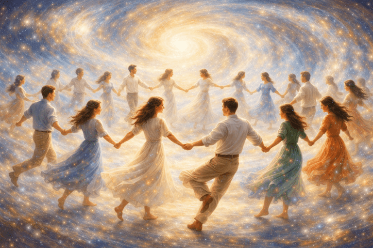People dancing in a circle in a glowing cosmos symbolizing Eternity, restored gospel, Godhead unity, and the Plan of Salvation
