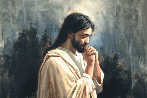 Jesus Christ praying in quiet devotion to the Father, symbolizing the will of the Father in the life of Christ and the temple pattern of obedience.