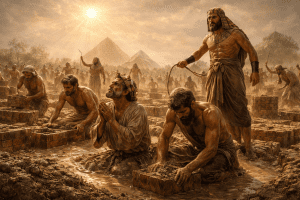Israelites in Egypt making bricks under oppression in Exodus symbolizing the Covenant path of deliverance through Moses and the Burning Bush.