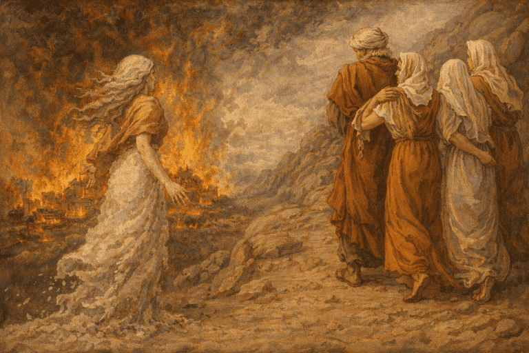 Lot’s Wife looking back at Sodom and Gomorrah in Genesis 19 as fire falls, symbolizing lost faith and the need for forgiveness and spiritual growth