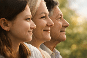 Three generations of women representing posterity, family history, and genealogy across generations