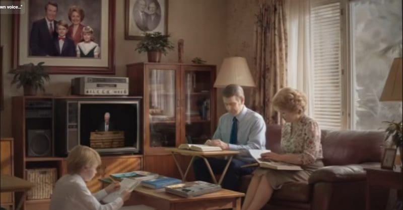 Family watching General Conference on television illustrating early Church broadcasting and the history of General Conference.