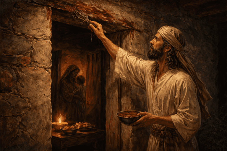 Israelite marking doorpost with lamb’s blood during Passover in Exodus story of the House of Israel