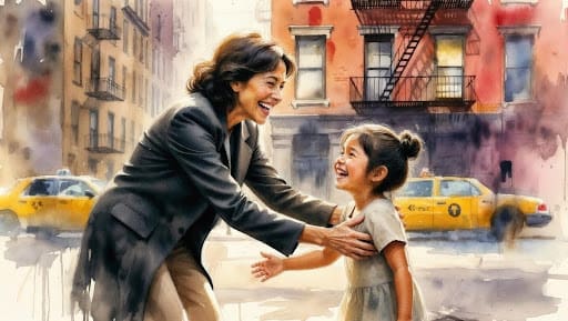 A joyful mother embraces her smiling daughter on a city street, representing reconciliation, forgiveness, and healing made possible through repentance, grace, and the atonement.