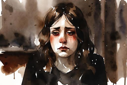 A young girl with tearful eyes reflects deep sorrow and emotional pain, symbolizing the lasting effects of sin, regret, and guilt, and the need for healing through the atonement, grace, and forgiveness.