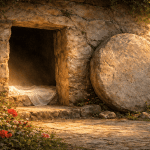 empty Tomb with stone rolled away symbolizing Resurrection of Jesus Christ and Atonement power