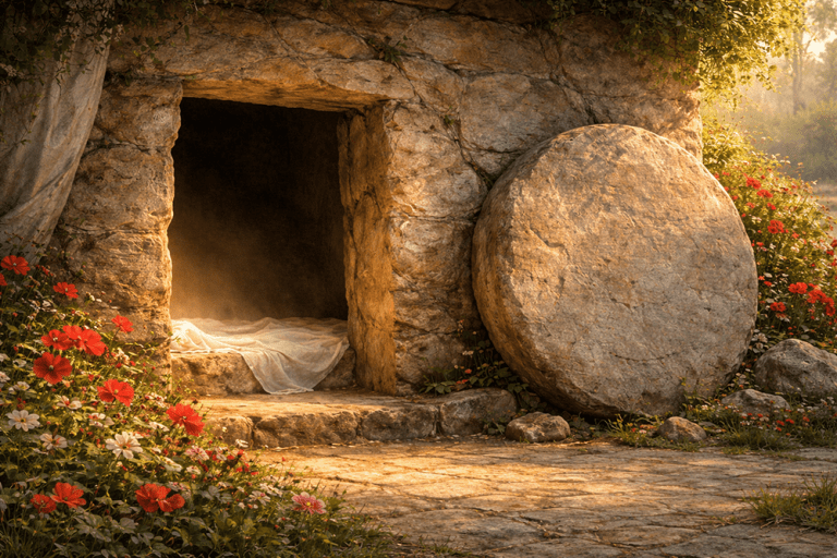 empty Tomb with stone rolled away symbolizing Resurrection of Jesus Christ and Atonement power