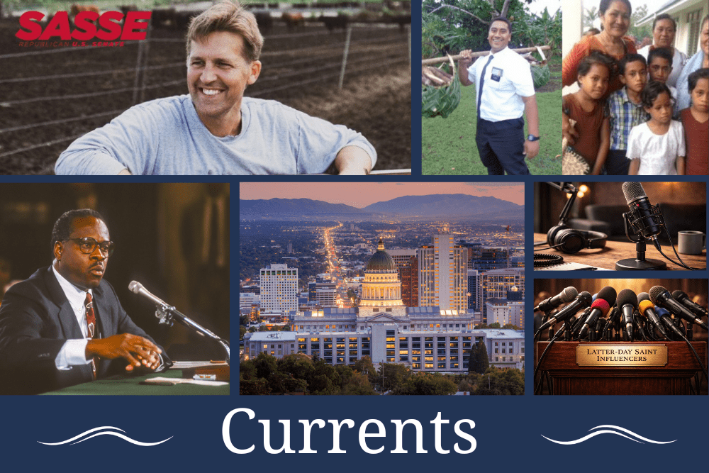 Latter-day Saints news collage featuring Church trademark lawsuit Mormon Stories LDS missionary hero Utah BYU and social media influencers