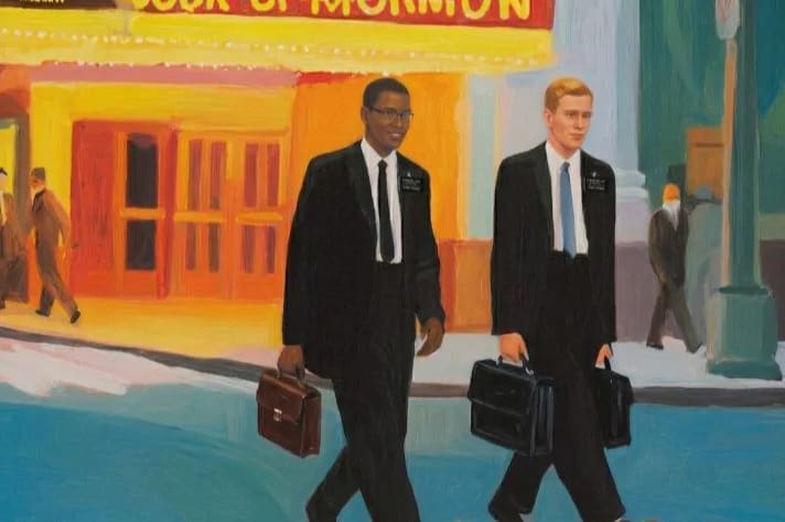 Latter-day Saint missionaries walking past Broadway Book of Mormon musical sign illustrating anti-Mormonism and religious stereotypes