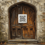 QR code on temple-like door symbolizing access to covenants, God’s promises, and priesthood power