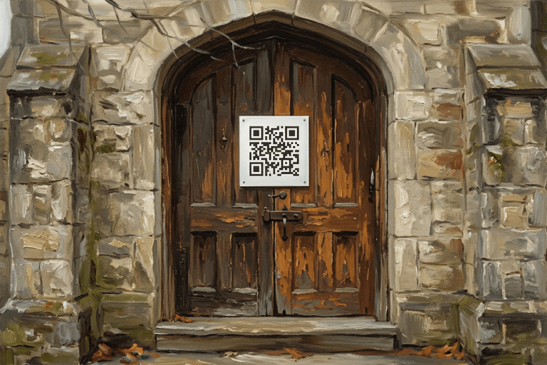 QR code on temple-like door symbolizing access to covenants, God’s promises, and priesthood power