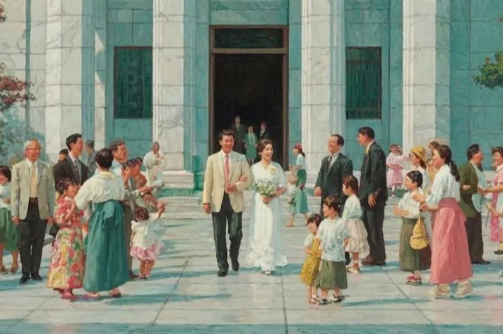 A temple wedding scene showing a couple exiting the temple, symbolizing covenant marriage in the Church of Jesus Christ of Latter-day Saints and temple-centered worship.