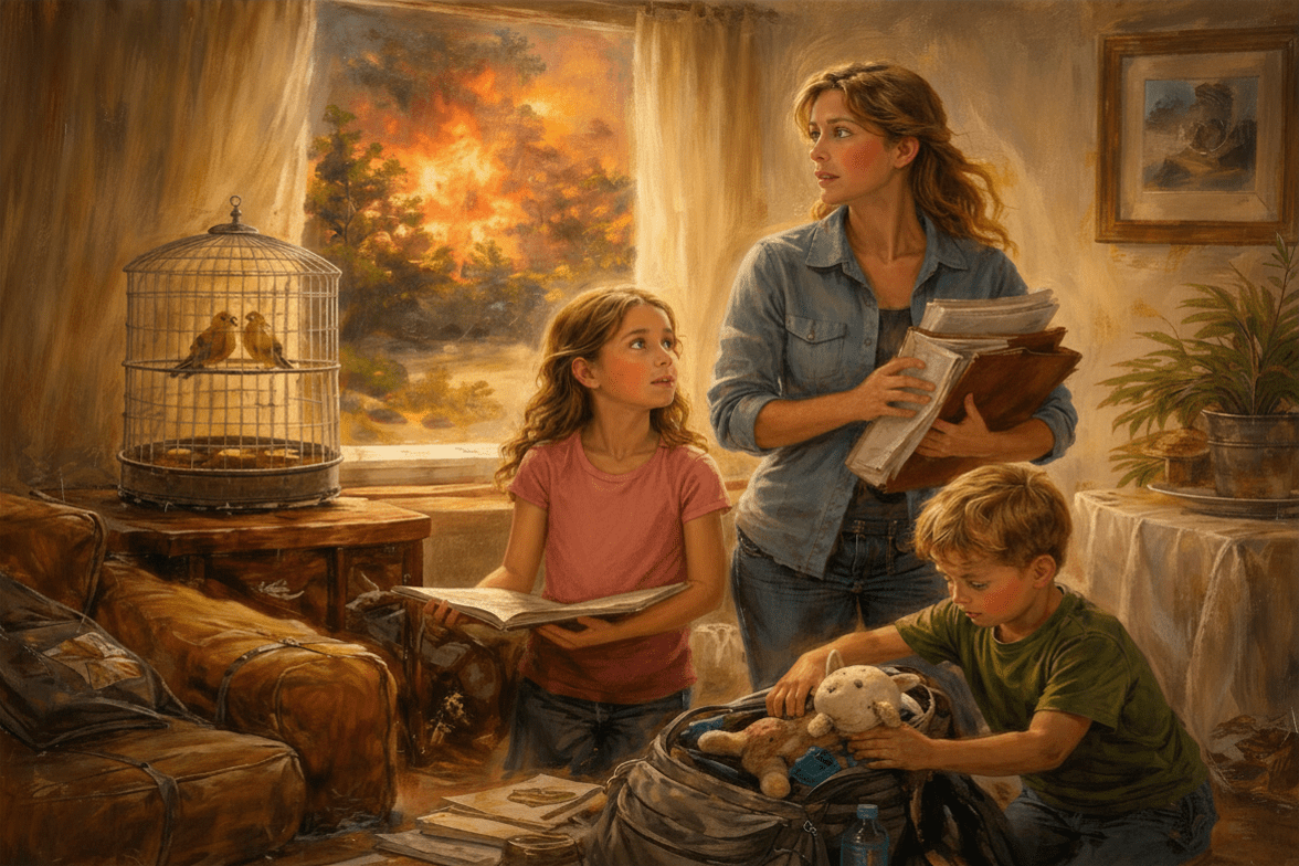 family wildfire evacuation emergency preparedness 72-hour kits birds evacuation planning home fire