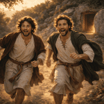 Disciples running from empty tomb of Jesus Christ as witnesses to the resurrection and early Christianity eyewitness testimony