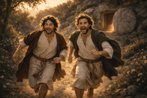 Disciples running from empty tomb of Jesus Christ as witnesses to the resurrection and early Christianity eyewitness testimony