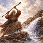 Moses striking the rock to bring forth water in the wilderness symbolizing living water and Jesus Christ