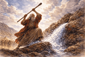 Moses striking the rock to bring forth water in the wilderness symbolizing living water and Jesus Christ