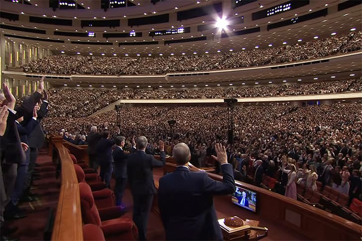  A full Conference Center during General Conference 2026 with thousands of Latter-day Saints sustaining leaders in a solemn assembly.