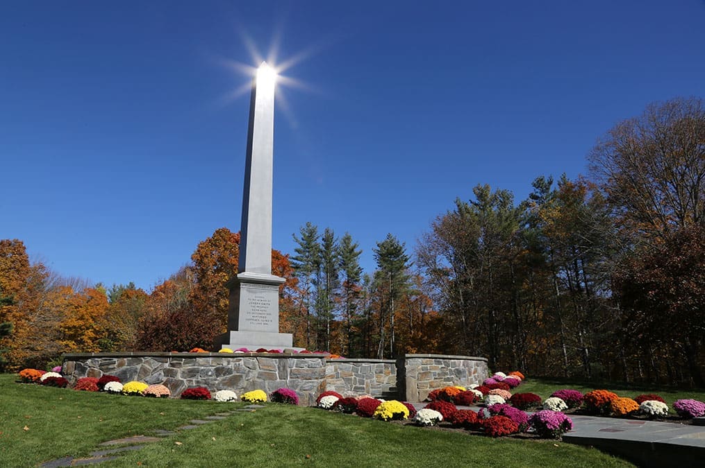 The granite obelisk marking the birthplace of Joseph Smith in Sharon, Vermont, a sacred stop on the Church History tour highlighting early Church history.