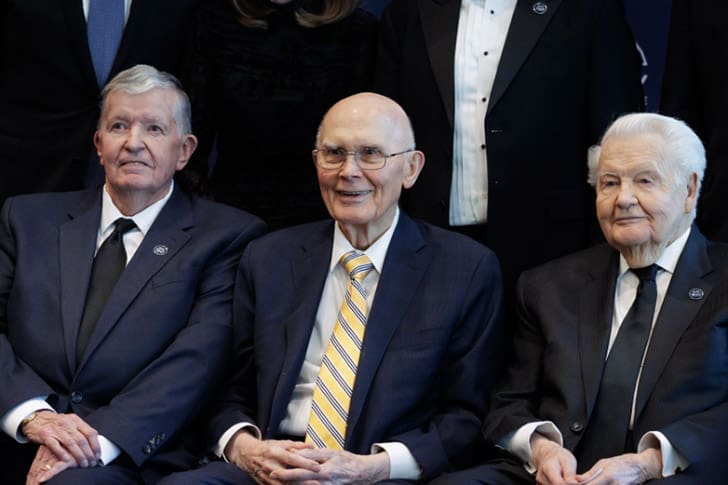 President Dallin H. Oaks seated with other BYU presidents during an awards ceremony honoring faith-centered leadership.