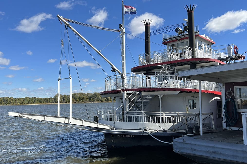 A Mississippi River riverboat in Hannibal, Missouri, part of the Church History Tour experience, offering a historical and cultural conclusion to the journey.