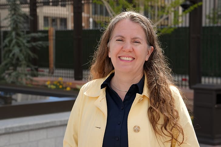 Emily Utt, curator of historic sites, discussing the purpose and design of the Temple Square Visitors’ Center.