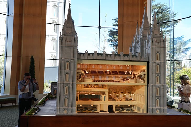 Detailed scale model of the Salt Lake Temple interior displayed in the Temple Square Visitors’ Center, revealing rooms inside LDS temples.