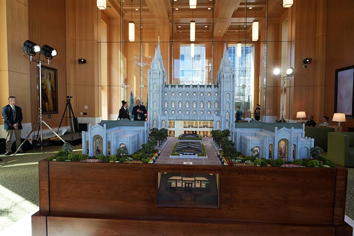Full-scale model display of the Salt Lake Temple inside the Temple Square Visitors’ Center, showcasing renovations and expanded structure.