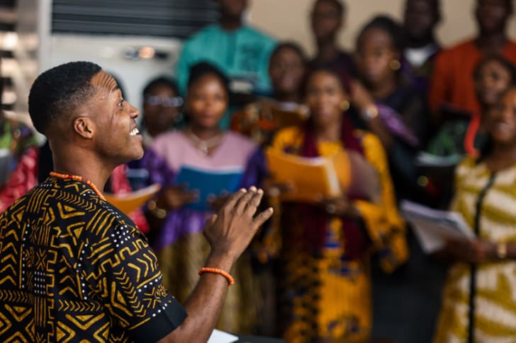 A choir performance with African participants highlights the Tabernacle Choir Africa broadcast, reflecting the global reach of Music and the Spoken Word and the Church’s expanding presence across Africa