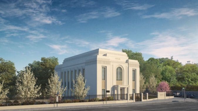 Architectural rendering of a newly announced temple, representing ongoing temple construction and global Church growth.
