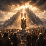 Moses presenting the Ten Commandments to the people of Israel at Mount Sinai symbolizing covenant relationship, repentance, mercy, and obedience to God
