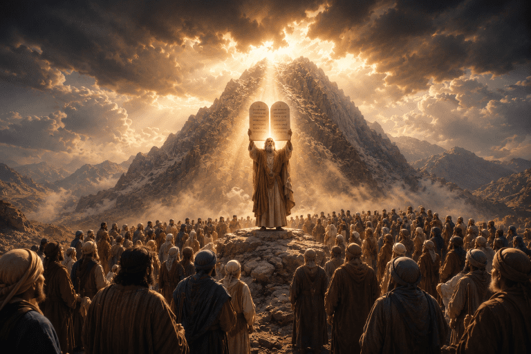 Moses presenting the Ten Commandments to the people of Israel at Mount Sinai symbolizing covenant relationship, repentance, mercy, and obedience to God