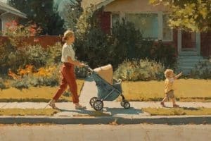 Stay-at-home mother walking with children while embracing parenting and intellectual growth