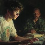 Young man using artificial intelligence technology while discussing AI ethics, human dignity, and human flourishing with a mentor.