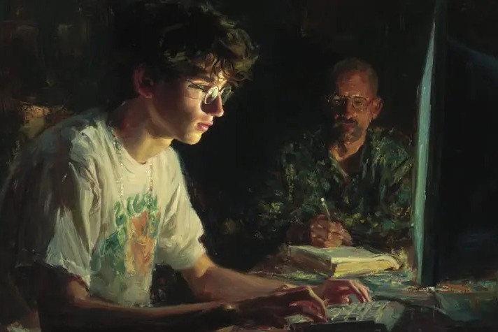 Young man using artificial intelligence technology while discussing AI ethics, human dignity, and human flourishing with a mentor.
