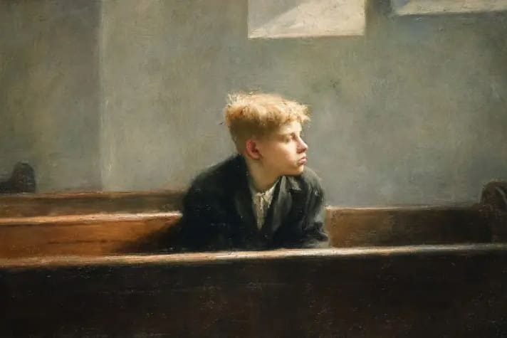 Young boy sitting alone in a church pew reflecting on waiting on the Lord, unanswered prayers, faith, hope amidst suffering, and trusting God