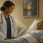 Christian health care professional caring for a patient while representing conscience rights and ethical medicine.