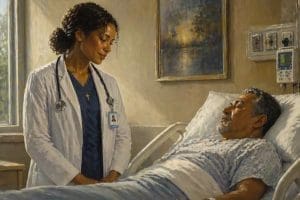 Christian health care professional caring for a patient while representing conscience rights and ethical medicine.