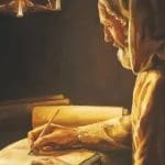 Illustration of a prophet writing scripture by candlelight representing Joseph Smith Translation, Old Testament translation, and restored priesthood truths.