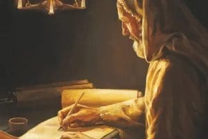 Illustration of a prophet writing scripture by candlelight representing Joseph Smith Translation, Old Testament translation, and restored priesthood truths.