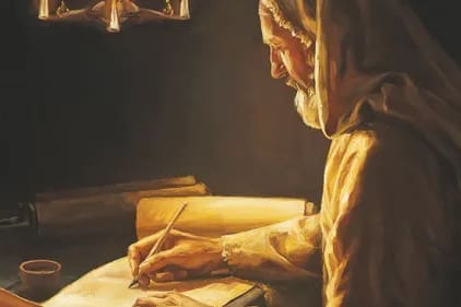 Illustration of a prophet writing scripture by candlelight representing Joseph Smith Translation, Old Testament translation, and restored priesthood truths.