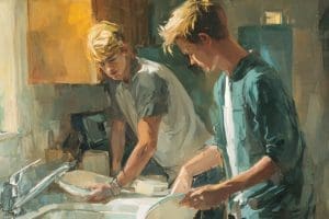 Two roommates washing dishes in a kitchen, illustrating human behavior, self-reporting, motivations, and self-awareness in relationships and sociology.