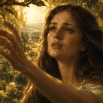 Eve in the Garden of Eden reaching for the forbidden fruit in a scene representing the Fall of Adam and Eve and teachings from the Book of Moses.