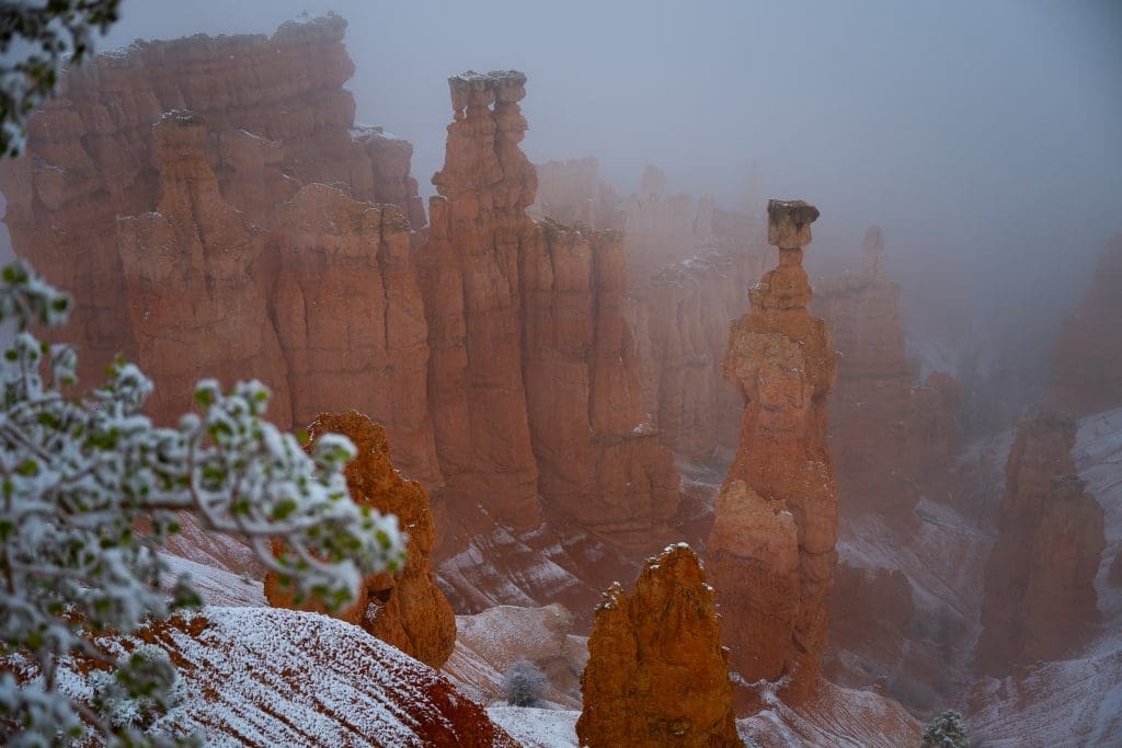 Fog drifts through snow-covered hoodoos in Bryce Canyon, visually echoing the article’s message that life rarely reveals the whole path ahead—only enough light for the next few steps.