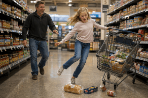 Father laughing as daughter spills groceries while learning from mistakes through supportive parenting