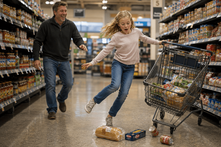 Father laughing as daughter spills groceries while learning from mistakes through supportive parenting
