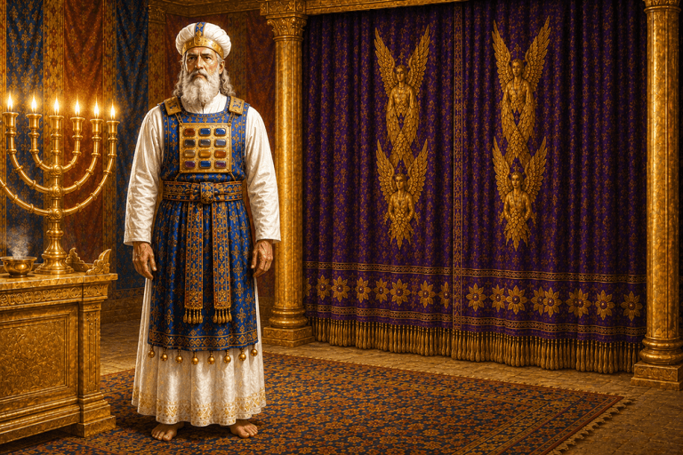 Ancient Israel high priest standing before the Holy of Holies on Yom Kippur symbolizing the Atonement of Jesus Christ