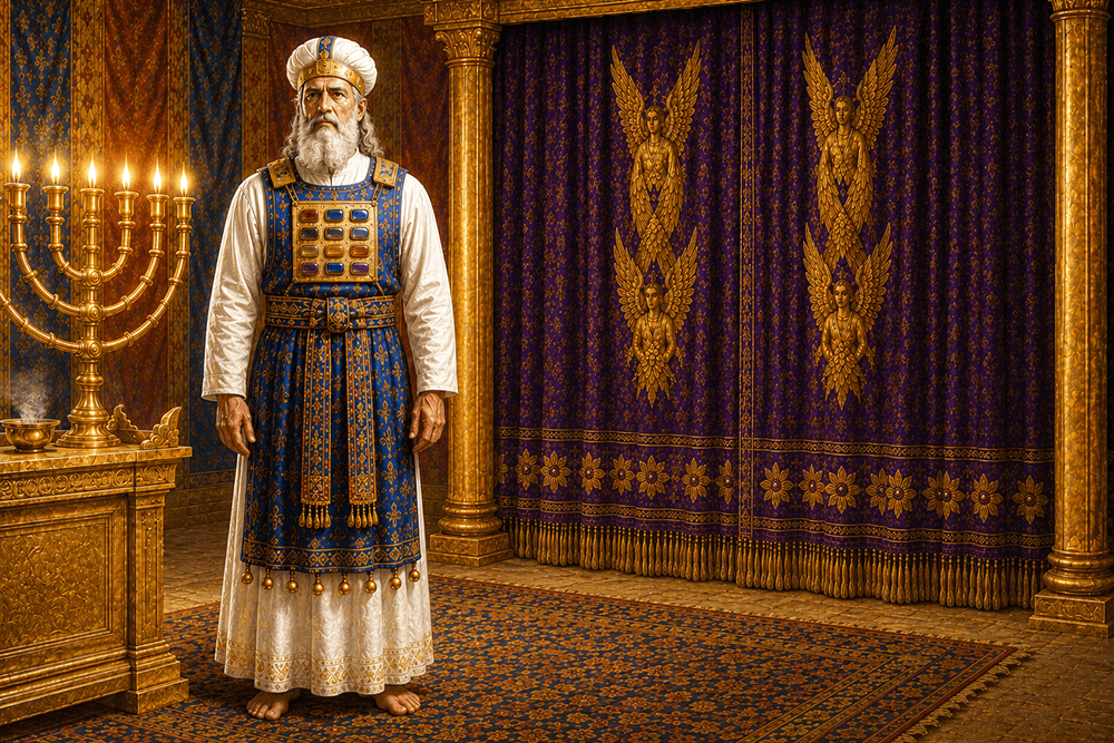 Ancient Israel high priest standing before the Holy of Holies on Yom Kippur symbolizing the Atonement of Jesus Christ